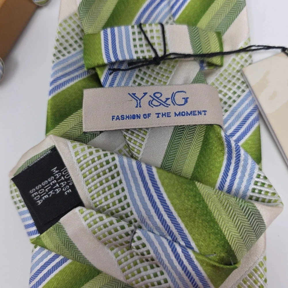 Y&G Tie Mens Green Striped Silk Pocket Scarf 8x8 & Cufflinks Set 58